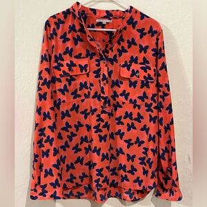 GAP Butterfly Print Coral/ Navy Popover Blouse- Size Large